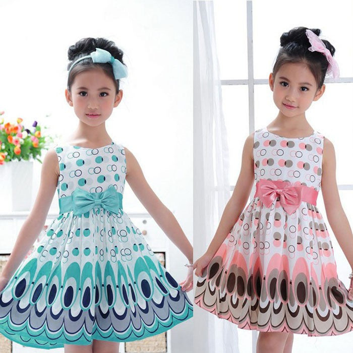 New Kids Girls Bow Belt Sleeveless Bubble Peacock Dress Party Clothing